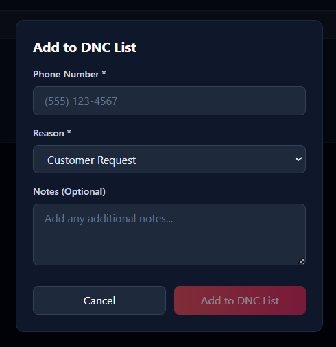 Add to DNC List modal in DROS
