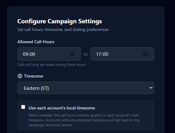 Configure Campaign Settings with call hours and timezone in DROS