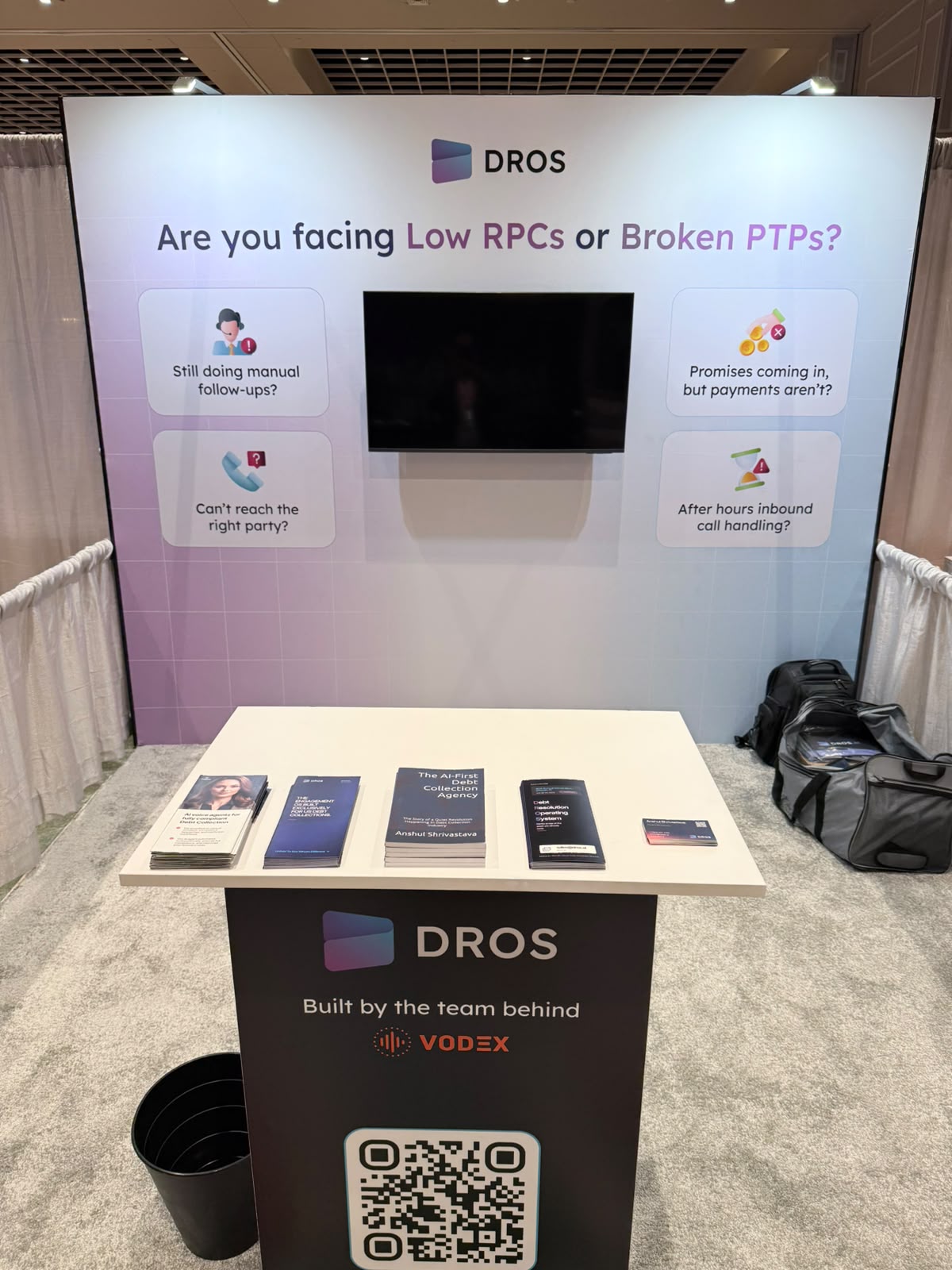 DROS booth at ACA International Convention 2026, Booth #403, with the question 'Are you facing Low RPCs or Broken PTPs?' and pain point cards including after-hours inbound call handling