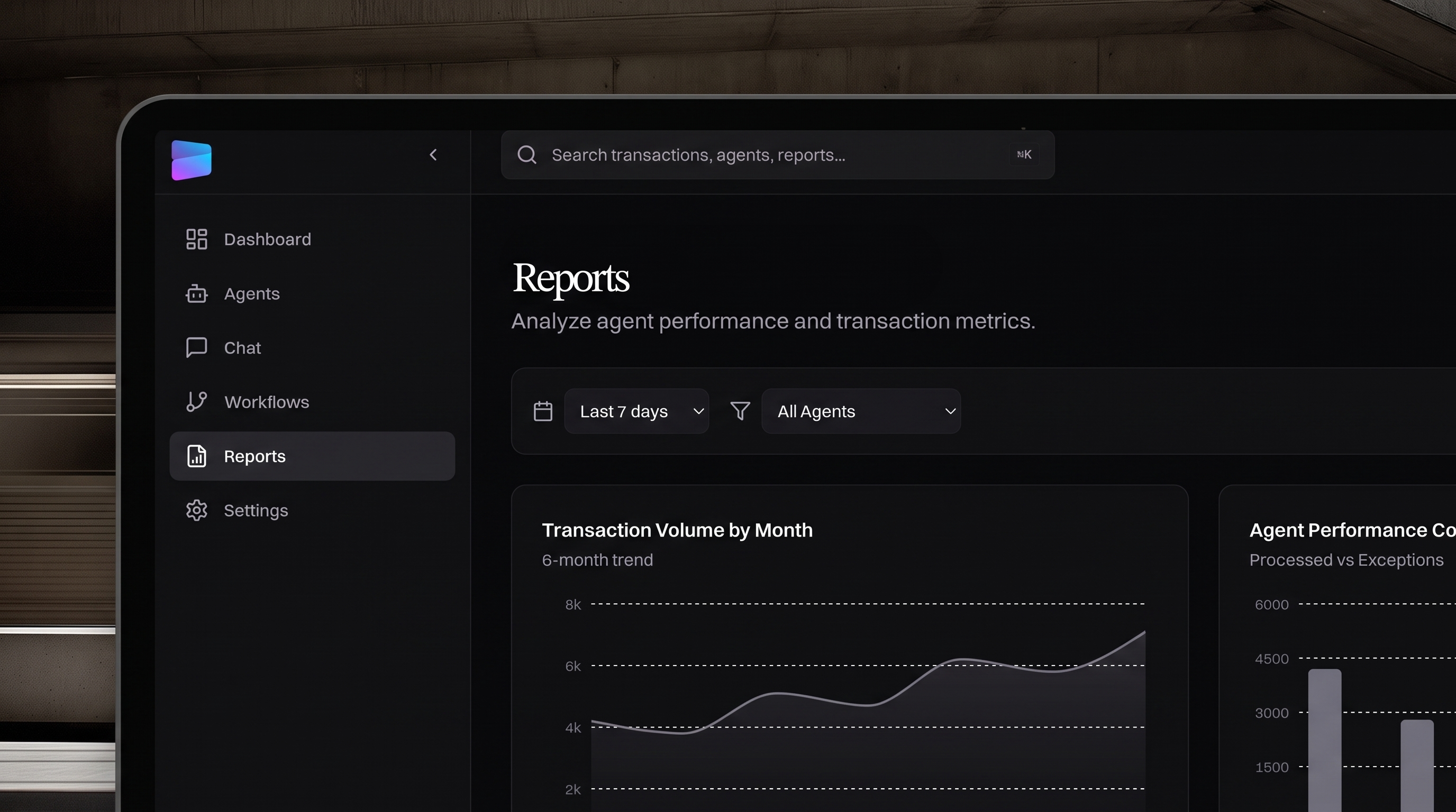 DROS reports analyzing agent performance and transaction volume over time
